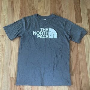 North Face T Shirt Boys XL Gray White Spell Out Logo Short Sleeve Hiking Outdoor